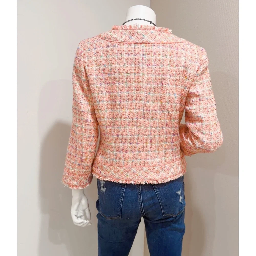 Ice Women's Pink Multi Fringe Silk Blend Tweed Short Blazer Jacket Size 8 - Picture 2 of 9